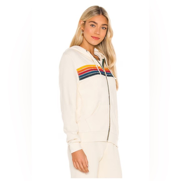 Aviator Nation Tops - Women's Cream Zip-Up Hoodie with Rainbow Stripes 5 stripe hoodie in vintage whit